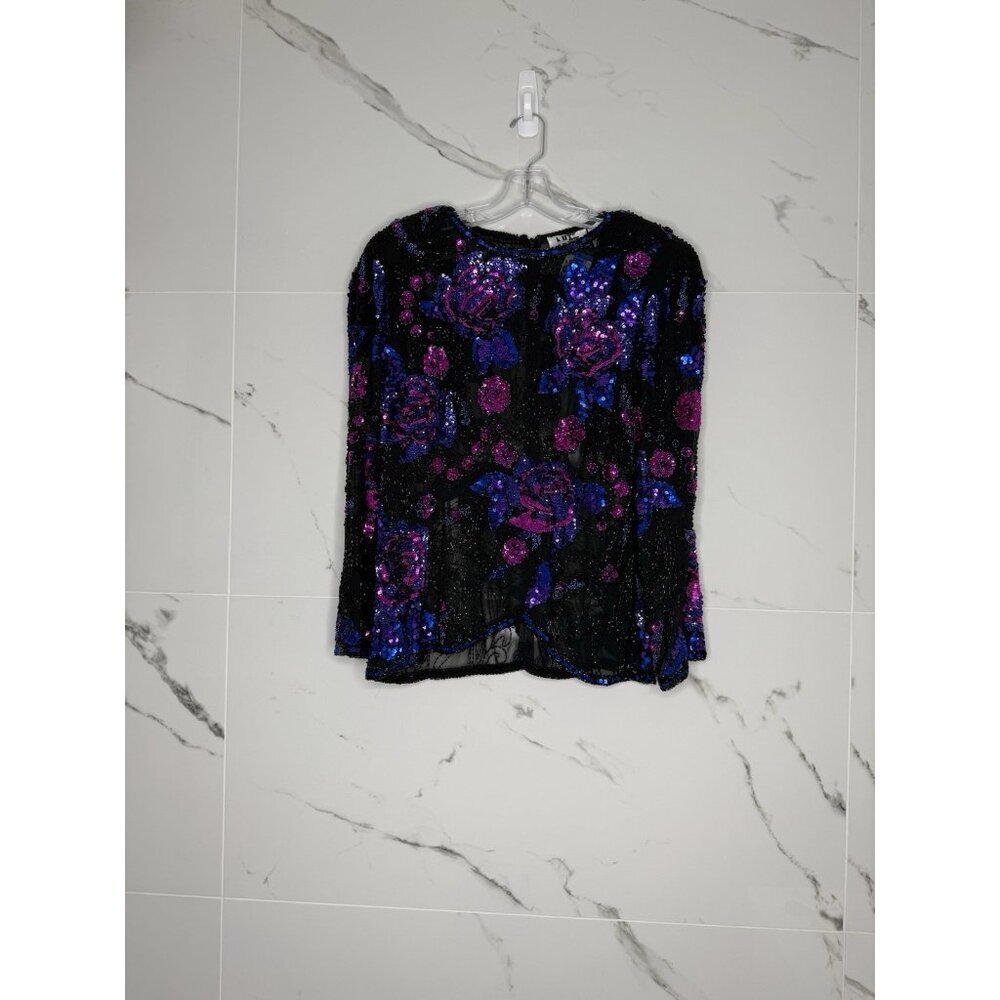 Niteline 80’s Sequin Beaded Floral Blouse Sz 12 Art To Wear Sheer Floral 80’s​​